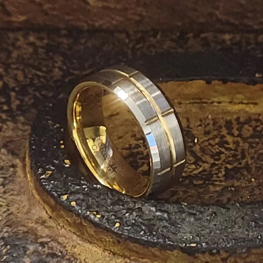 Men's Real Tungsten Promise Ring Brushed Steel 14k Gold Grooves - Guy's Ring